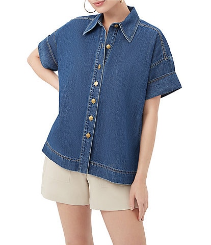 Trina Turk Opponent Denim Point Collar Short Sleeve Button Front Boxy Top