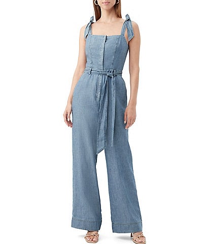 Trina Turk Pago Chambray Denim Square Neck Sleeveless Belted Wide-Leg Jumpsuit