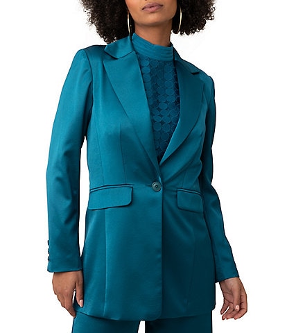Trina Turk Park Avenue Satin Notch Lapel Collar Long Sleeve Pocketed Coordinating One Button Jacket