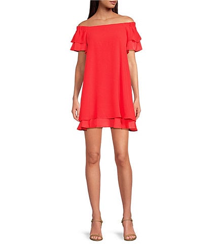 Trina Turk Piper Silky Satin Back Crepe Off-The-Shoulder Ruffle Sleeve A-Line Dress