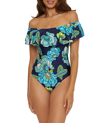 Trina Turk Pirouette Floral Off-The-Shoulder Ruffle One Piece Swimsuit