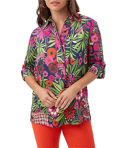 Trina Turk Portrait Floral Print Point Collar Elbow Sleeve Top