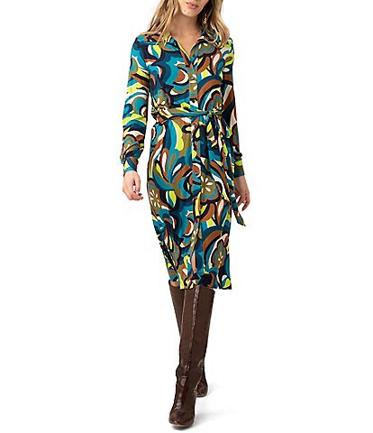 Trina Turk Radio City Jersey Knit Pop Art Print Point Collar Long Sleeve Belted Midi Shirt Dress