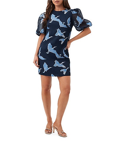 Trina Turk Ringo Fil Coupe Crane Print Round Neck Short Puff Sleeve Dress