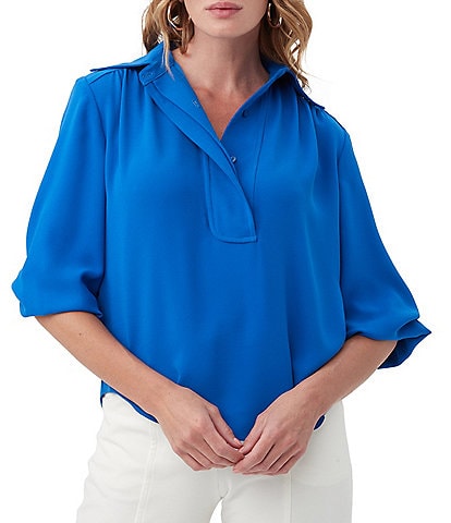 Trina Turk Rum Silky Satin Back Crepe Button Down Collar Long Sleeve Button Front Top