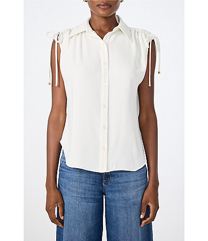 Trina Turk Saint Tropez Double Georgette Collared Button Front Tie Shoulder Top
