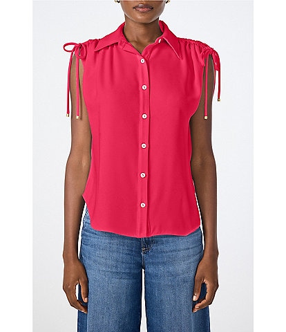 Trina Turk Saint Tropez Double Georgette Collared Button Front Tie Shoulder Top