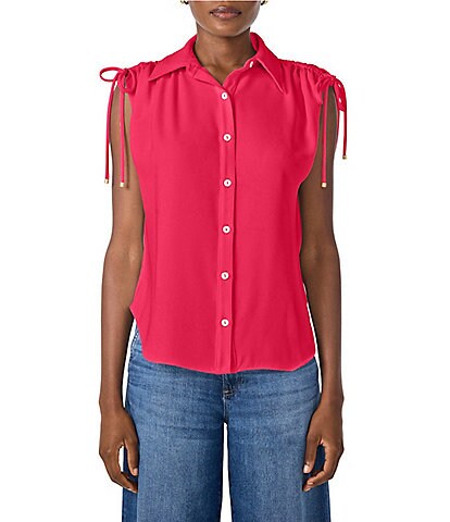Trina Turk Saint Tropez Double Georgette Collared Button Front Tie Shoulder Top