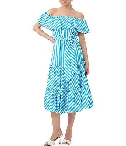 Trina Turk Salima 2 Woven Stripe Print Off-The-Shoulder Ruffle Belted Tiered Midi A-Line Dress