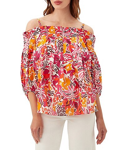 Trina Turk Salma Cotton Voile Tropical Floral Print Off-the-Shoulder 3/4 Balloon Sleeve Pleated Top