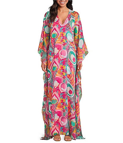 Trina Turk Salon Printed Crinkle Georgette V-Neck Long Sleeve Caftan Salon Dress