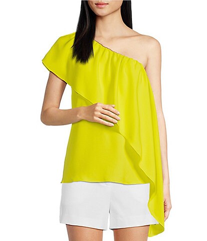 Trina Turk Satisfied Silky Satin Back Crepe Asymmetric One Shoulder Ruffled Woven Top