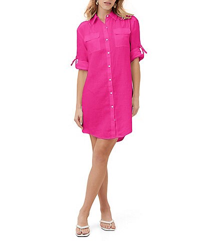 Trina Turk Sea La Vie Pieced Dyed Linen Point Collar Roll-Tab Sleeve High-Low Hem Button-Front Shirt Dress