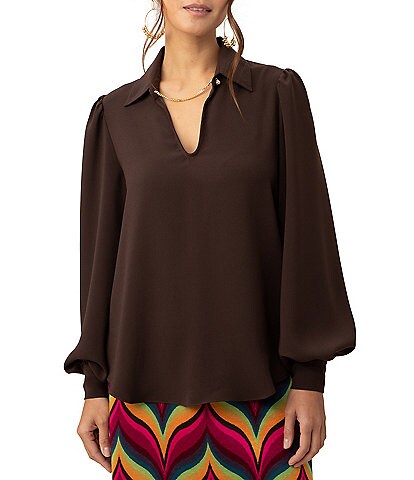 Trina Turk Seaport Crepe Woven Chain Detail Point Collar V-Neck Long Sleeve Blouse