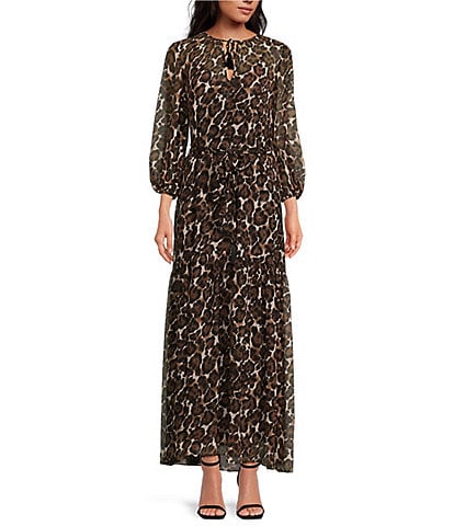 Trina Turk Shalina Crinkle Georgette Leopard Print Split V-Neck 3/4 Sleeve Belted Maxi A-Line Dress