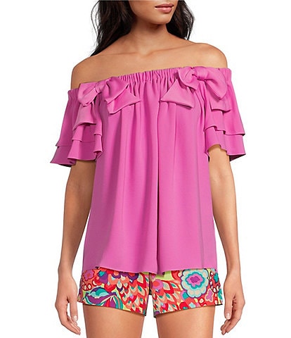 Trina Turk Silia 2 Crepe Off-The-Shoulder Short Tiered Sleeve Bow Top