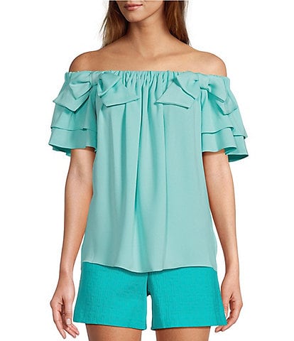 Trina Turk Silia 2 Crepe Off-The-Shoulder Short Tiered Sleeve Bow Top