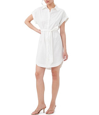 Trina Turk Simpatico Organic Cotton Point Collar Short Roll-Tab Sleeves Belted Button Front Shirt Dress