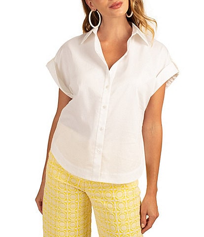 Trina Turk Simpatico Point Collar Short Roll-Tab Sleeve Woven Sateen Button Front Top