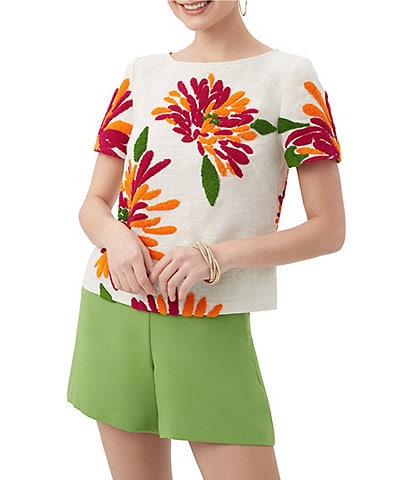 Trina Turk Siona Floral Embroidered Round Neck Short Sleeve Top