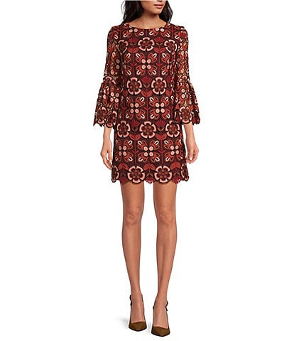 Trina Turk Smolder Woven Abstract Geo Print Boat Neck 3/4 Bell Sleeve Sheath Dress