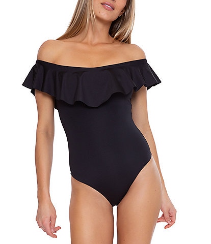 Trina Turk Solid Monarco Off-the-Shoulder Ruffle One Piece Swimsuit