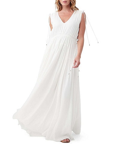 Trina Turk Stellara Woven V-Neck Sleeveless Drawstring Waist Tiered Maxi A-Line Dress