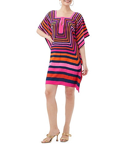 Trina Turk Theodora Geometric Print Silk Square Neck Elbow Sleeve Caftan Dress