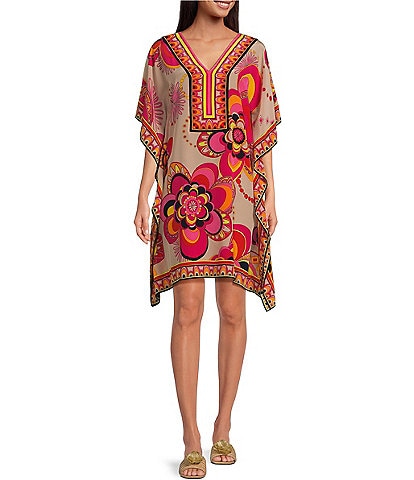 Trina Turk Theodora Silk Placed Print V-Neck Side Slit Short Dolman Sleeve Caftan Dress