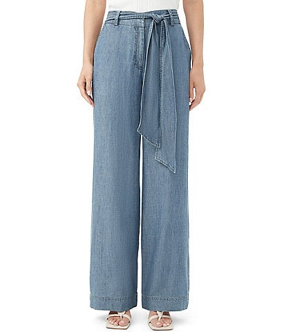Trina Turk Tonga Chambray Pocketed High Waisted Wide-Leg Belted Pants