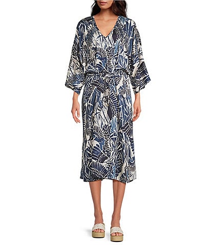 Trina Turk Topspin Printed Satin V-Neck 3/4 Bell Sleeve Wrap Dress