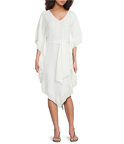 Trina Turk Toulouse Double Georgette V-Neck Short Sleeve Tie Waist Fringe Caftan Dress