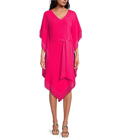 Trina Turk Toulouse Double Georgette V-Neck Short Sleeve Tie Waist Fringe Caftan Dress