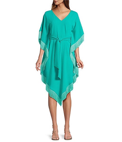 Trina Turk Toulouse Double Georgette V-Neck Short Sleeve Tie Waist Fringe Caftan Dress