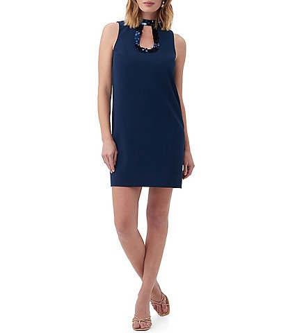 Trina Turk Town & Country Crepe Sequin Banded Collar Sleeveless Keyhole Sheath Dress