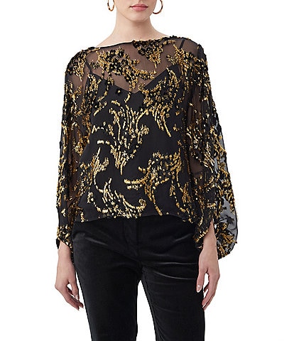 Trina Turk Ursa Twinkling Tinsel Burnout Boat Neck Long Balloon Sleeve Top