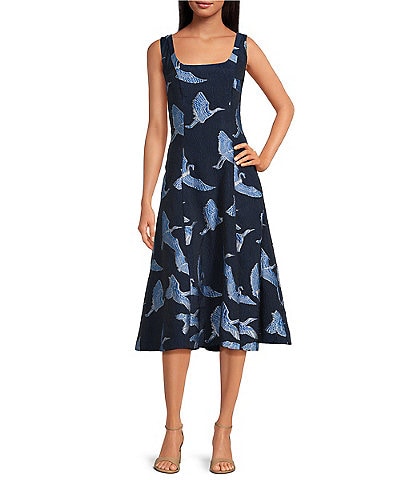 Trina Turk Valor Printed Jacquard Square Neck Sleeveless A-Line Midi Dress