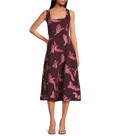 Trina Turk Valor Printed Jacquard Square Neck Sleeveless A-Line Midi Dress