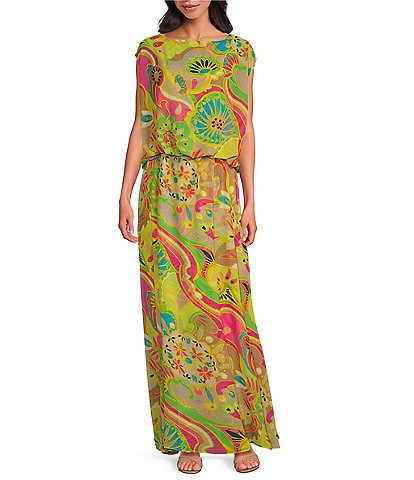 Trina Turk Vantage Printed Georgette Boat Neck Sleeveless Blouson Maxi Dress