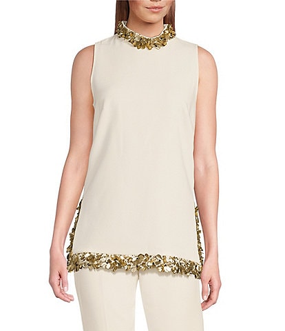 Trina Turk Wonderous 2 Beaded Mock Neck Sleeveless Top