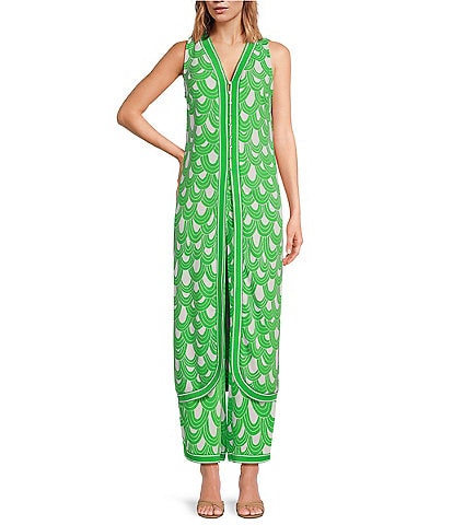 Trina Turk Woven Printed V-Neck Sleeveless Button Front Slice Tunic