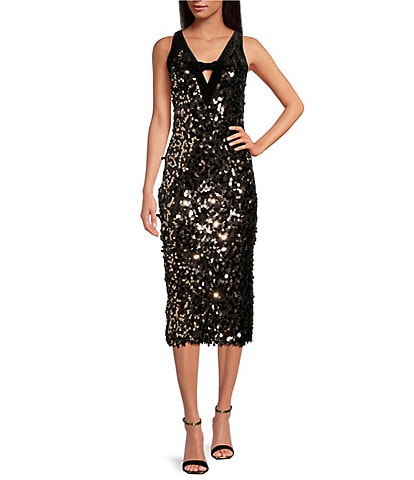 Trina Turk Yanna Petal Paillette Sequin V-Neck Velvet Trim Bow Dress