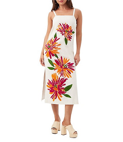 Trina Turk Yona Embroidered Floral Square Neck Sleeveless Side Slit Midi Dress