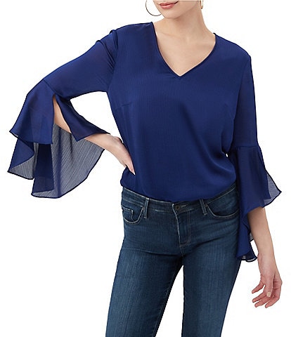 Trina Turk Yuki Crinkle Georgette V-Neck 3/4 Bell Sleeve Blouse