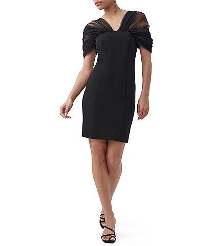 Trina Turk Yuma Crepe Knit V-Neck Gathered Tulle Cap Sleeve Dress