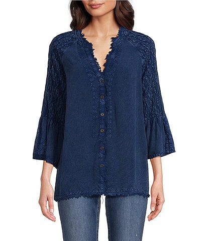 Tru Luxe Challis Vintage Wash V-neck 3/4 Sleeve Top