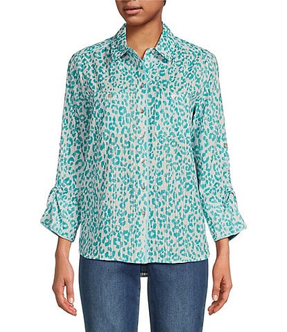 Tru Luxe Jeans 3/4 Drawstring Sleeve Mini Leopard Print Button Front Shirt