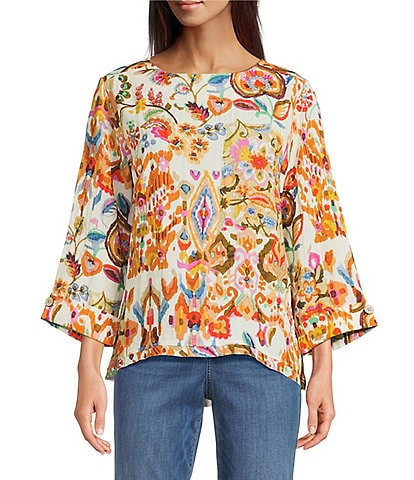 Tru Luxe Jeans Abstract Floral Crinkle Boat Neck 3/4 Sleeve Top