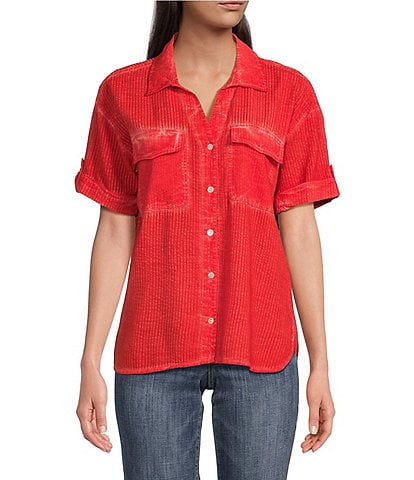 Tru Luxe Jeans Button Front Woven Short Sleeve Top