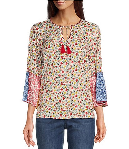 Tru Luxe Jeans Challis Floral Patchwork Print 3/4 Flare Sleeve High-Low Tunic